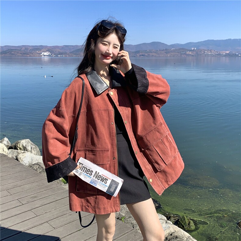 砖红色-领口拼皮-袖口拼蕾丝-工装外套2C206-L717-P175-K288,女装短外套,2C206