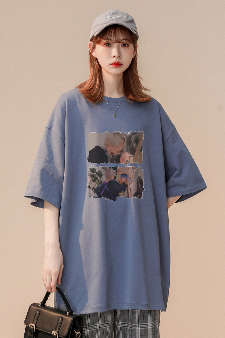 中性23夏季美式潮牌情侣文艺复兴油画小众慵懒风短袖T67P25控38,男装T恤,A247A