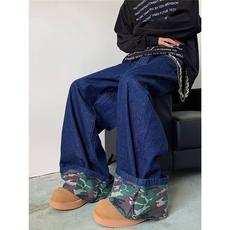 卷边阔腿牛仔裤男女美式复古水洗小众设计感百搭宽松休闲直筒长裤，男装牛仔裤，星座1013