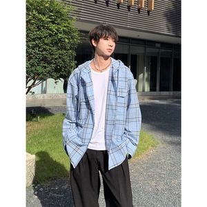 美式高级感连帽格子长袖衬衫男女宽松休闲衬衣外套潮CS220-P55