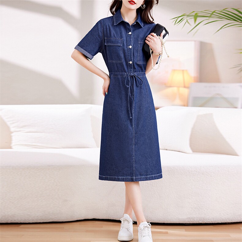 对白法式牛仔连衣裙女2024年夏季新款气质通勤设计感收腰牛仔裙子,女装连衣裙,天丽