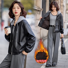 【冬季新款】大量现货时尚百搭可脱卸毛线帽加绒加厚皮棉外套，女装皮衣，缘衣格