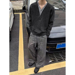 网图 老钱风假两件V领针织衫男冬季复古拼接套头毛衣-A2371P58图片