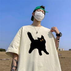 小猫印花短袖t恤男生夏季纯棉重磅学生衣服潮牌大码圆领半袖体恤，男装T恤，电商A486