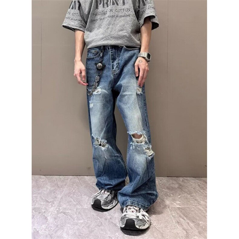 美式高街cleanfit水洗破洞牛仔裤男夏季薄款复古直筒微喇N1156,男装牛仔裤,星座1116A（原606A-3）