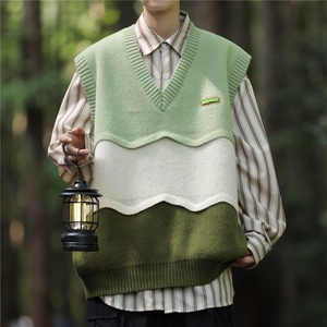 日系复古撞色拼接V领针织背心男士春秋季宽松学院风毛衣马甲图片