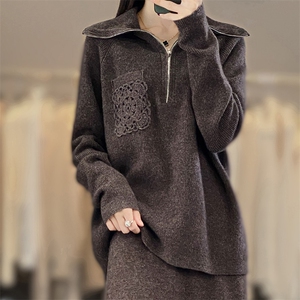2025秋冬款100%羊毛衫高领半开拉链毛衣女宽松重工勾花羊绒针织衫