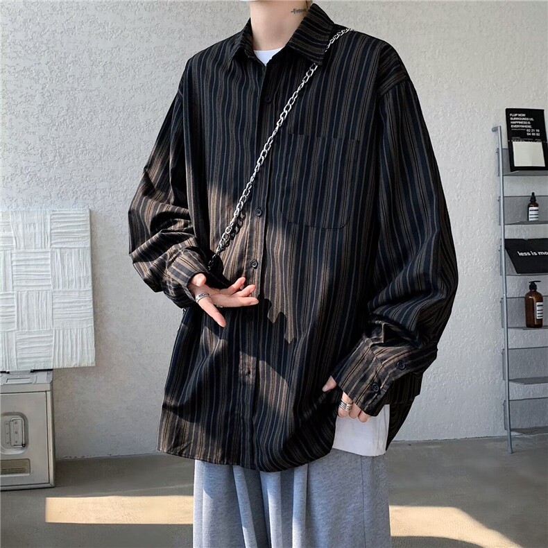 日系复古撞色条纹长袖衬衫男女中性风宽松工装衬衣潮CY1027-P45图片