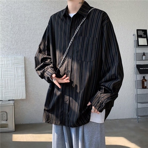 日系复古撞色条纹长袖衬衫男女中性风宽松工装衬衣潮CY1027-P45图片