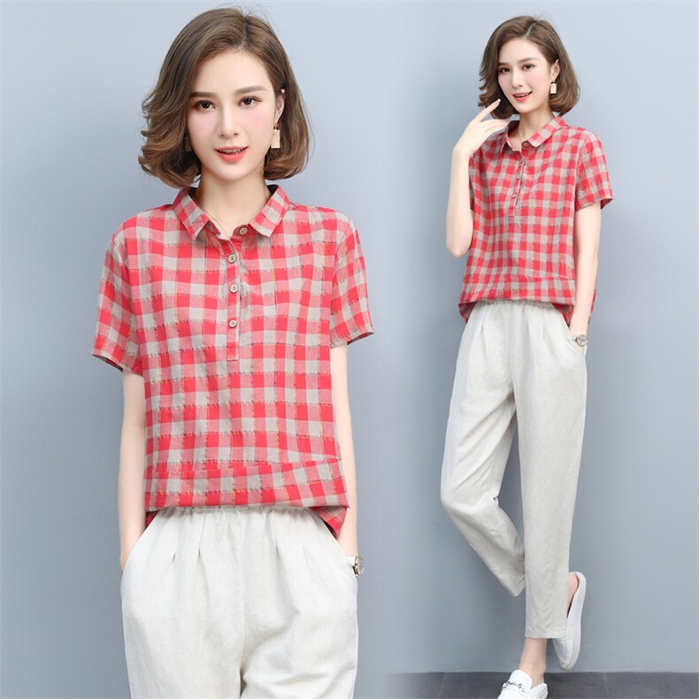 短袖格子衬衫女夏2021新款韩版宽松显瘦拼接套头百搭衬衣女上衣棉,女装套装/套裙,璐依舞