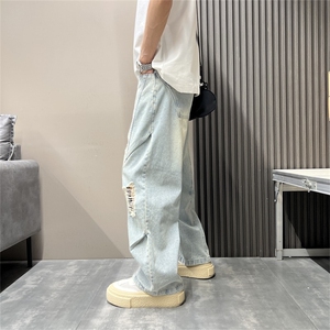 夏季破洞牛仔裤弯刀直筒裤男宽松复古阔腿裤水洗牛仔裤KA1141-P55图片