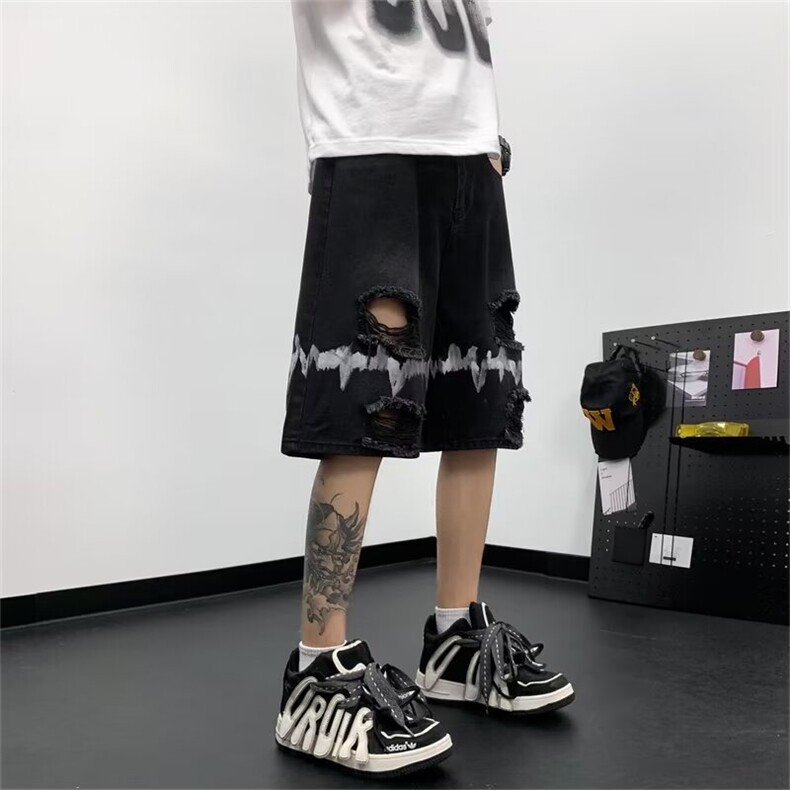 破洞牛仔短裤男夏季潮牌美式痞帅休闲裤子毛边炸街中裤RK1851-P38,男装牛仔裤,星座412-3