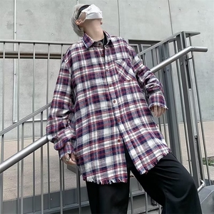 美式复古格子拼色防晒长袖衬衫男女外套潮流高街C31-P45图片