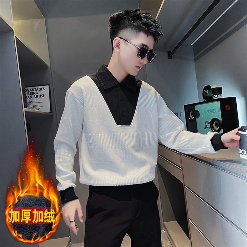 SW34R秋冬社会小伙加绒加厚卫衣翻领撞色休闲上衣黑1,男装衬衫,电商A220