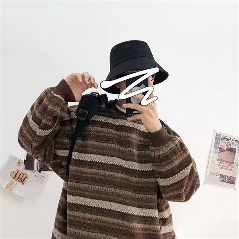 M05民族风复古in日系慵懒口袋条纹毛呢宽松套头圆领卫衣男女图片