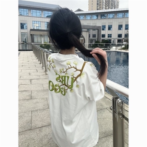 H0544-p35美式刺绣罗汉松短袖刺绣夏季新款宽松百搭短袖t恤女图片