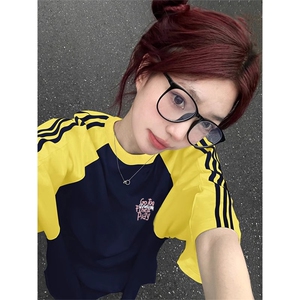 夏季美式高街重磅纯棉三条杠织带插肩撞色男女短袖T恤CZ128-特P25图片