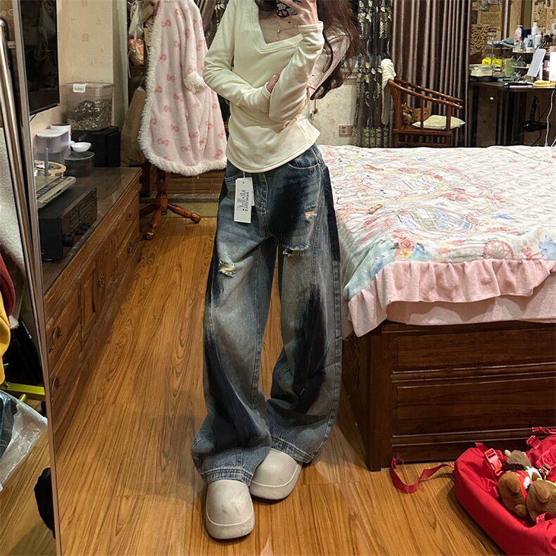 美式复古弯刀破洞牛仔裤男潮牌高街涂鸦小众宽松水洗阔腿裤,男装牛仔裤,四季星座505