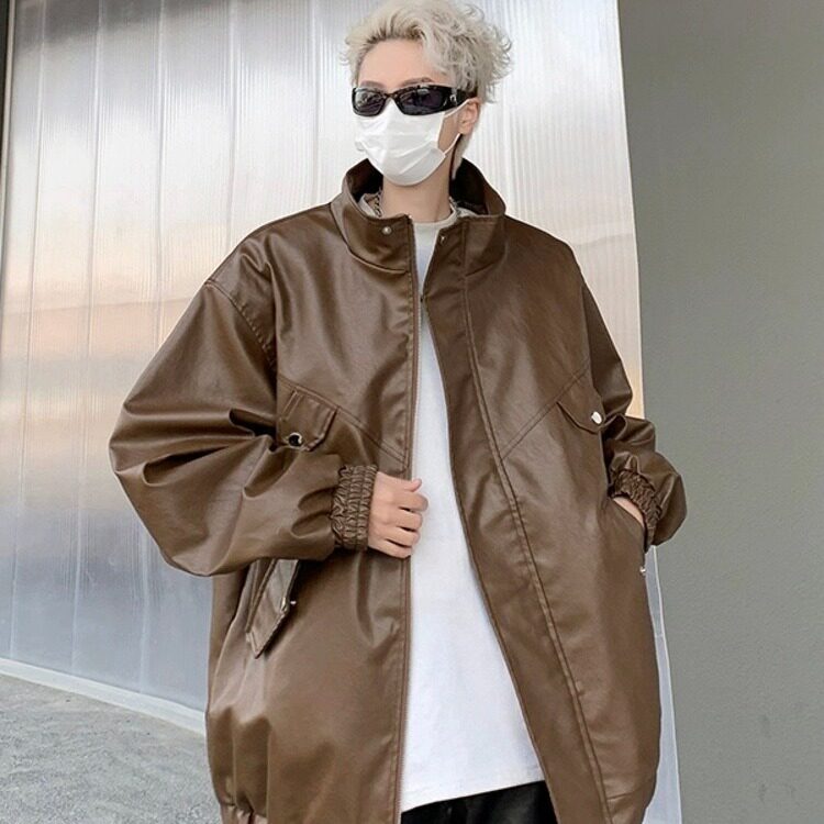 J515-P66大码美式复古咖色机车Pu皮衣女秋季高级感宽松短款,男装皮衣,电商B323A