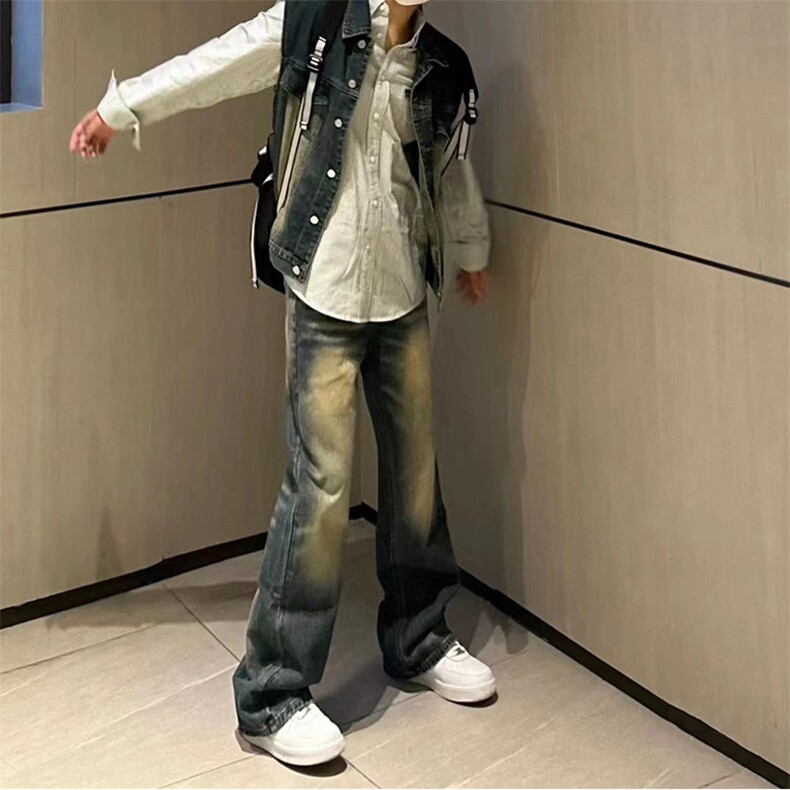 美式ins高街hiphop重工艺水洗微喇复古蓝牛仔裤货号K2320P55控78,男装牛仔裤,电商A063