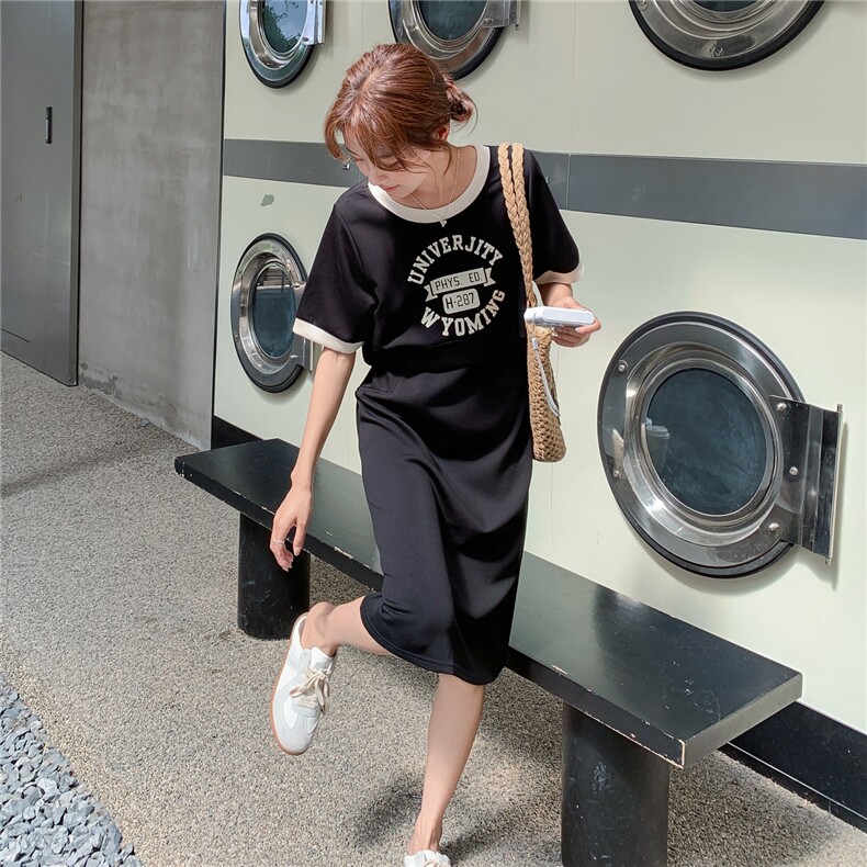 休闲运动黑色假两件T恤连衣裙女夏2025新款简单大方裙子独特漂亮图片