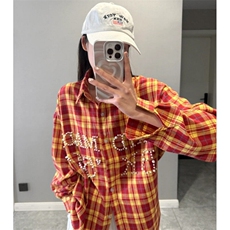 美式复古钉珠设计格子长袖衬衫男女夏季设计感痞帅风衬衣外套，男装衬衫，星座601-1