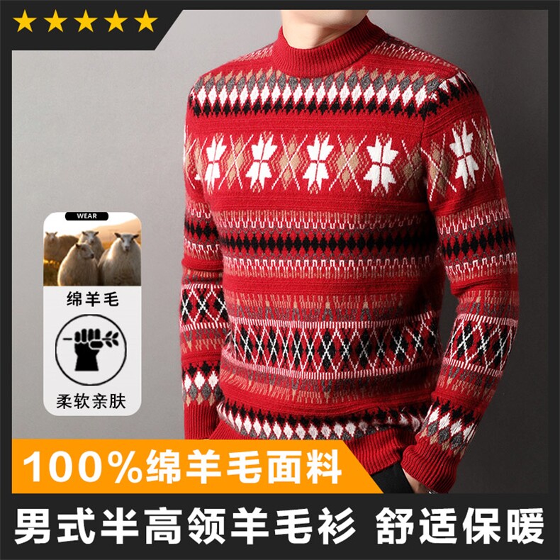 精品民族风轻奢男士针织衫毛衣圆领喜庆图片
