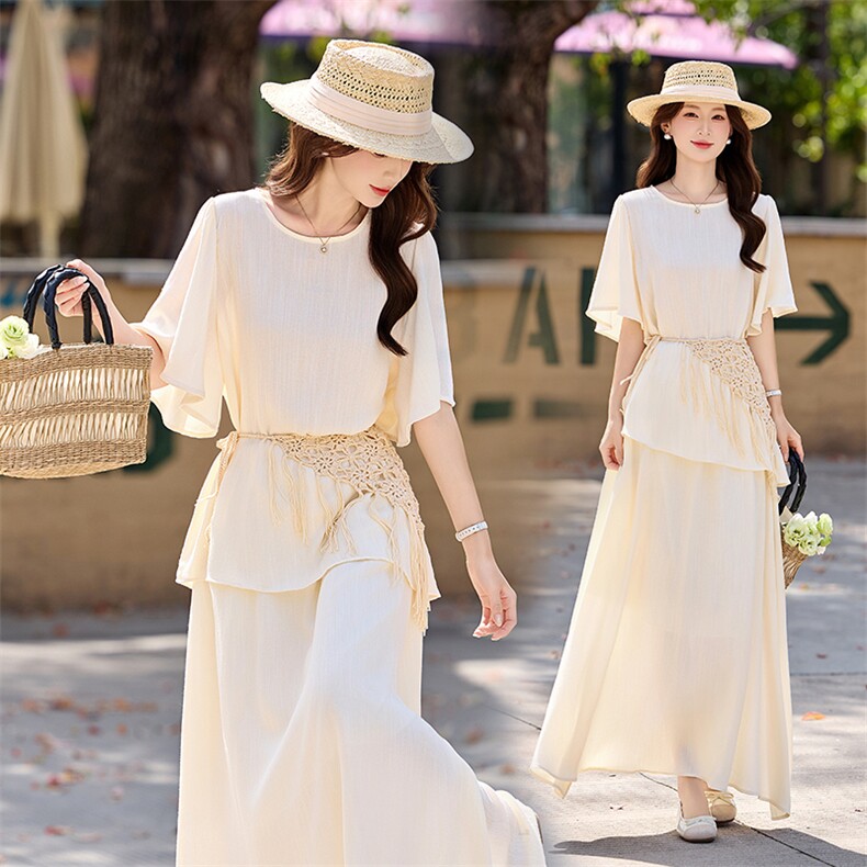 法式蕾丝流苏腰封麻系宽松上衣+半身裙两件套，女装套装/套裙，采品优优