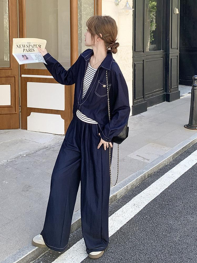 韩剧藏青色休闲衬衫运动套装女秋2025新款条纹吊带ootd穿搭三件套,女装套装/套裙,浙宝192（原082）
