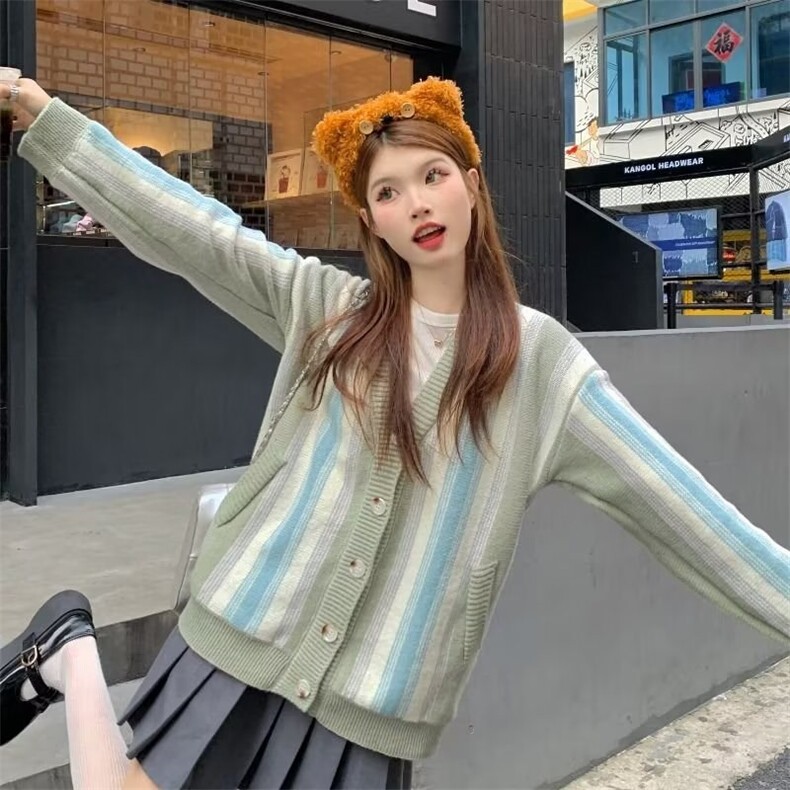 美式拼接彩色条纹针织衫毛衣女春秋季2026新款慵懒风宽松连帽开衫,男装针织衫/毛衣,星座516A