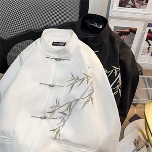 新中式复古立领翠竹风西服外套男小众金属飞机扣装饰宽松上衣图片