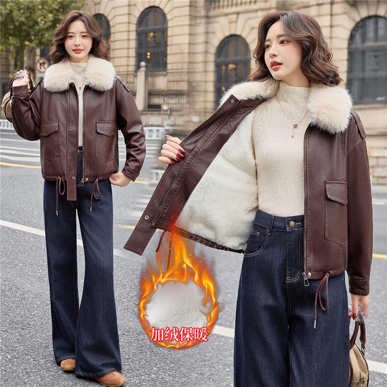 2025冬季新款加绒保暖皮衣外套（毛领可脱卸）,女装皮衣,1C078