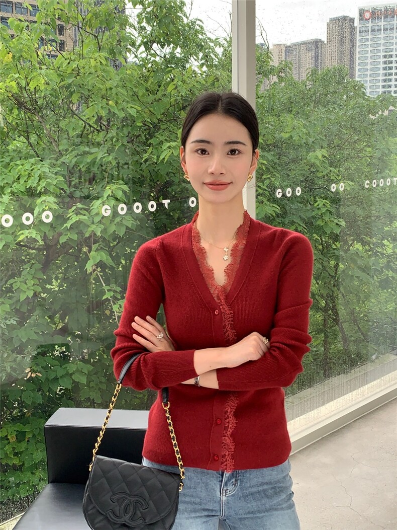 秋冬新款v领蕾丝边衫女修身开衫上衣针织衫,针织衫/毛衣,玛卡隆羊绒