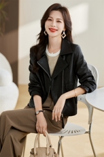 时尚百搭PU皮夹克女秋装新款修身显瘦短款机车外套，女装皮衣，贵人树