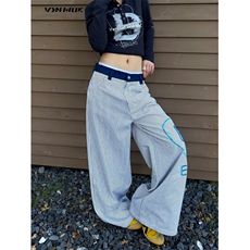 春夏新款设计师品牌家牛仔拼接条纹字母刺绣休闲裤长裤女KN7064，男装休闲裤，星座1116A（原606A-3）