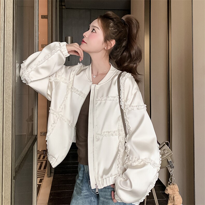 米色木耳边棒球服短款外套女2025春秋季新款韩版显瘦减龄夹克上衣,女装短外套,浙宝A馆126