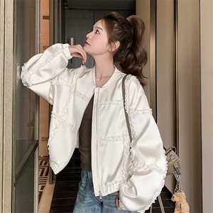 米色木耳边棒球服短款外套女2025春秋季新款韩版显瘦减龄夹克上衣图片