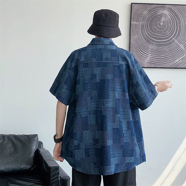 夏季棋盘格大码宽松牛仔衬衫复古短袖衬衣外套CS011-P50,男装衬衫,电商A042
