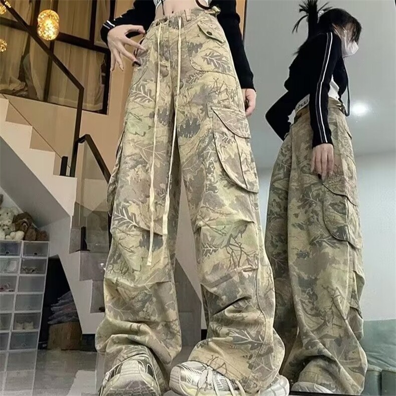 高街迷彩工装牛仔裤女潮ins洋气秋季胖宽松阔腿裤K5634-P51图片