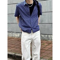 蓝格纹抽绳短袖衬衫夏季百搭短宽版型男女上衣miu系C7013，男装T恤，星座1116A（原606A-3）