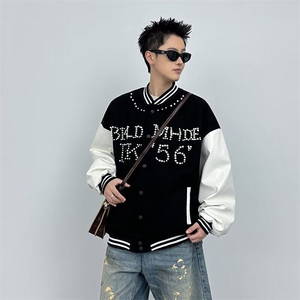 红色棒球服外套男女韩版潮流珍珠钉宽松2025春季ins夹克W6497-P73图片