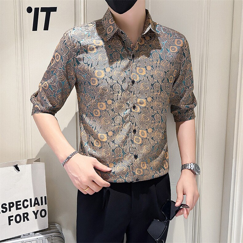 店主风社会小伙男士新款提花七分袖衬衫男衬衣301A-1/CS588/P55,男装衬衫,星座301A-1