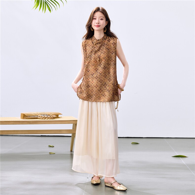 夏季新款现货！2026新中式奥黛款植物花卉上衣+阔腿裤洋气两件套,女装套装/套裙,宝儿家