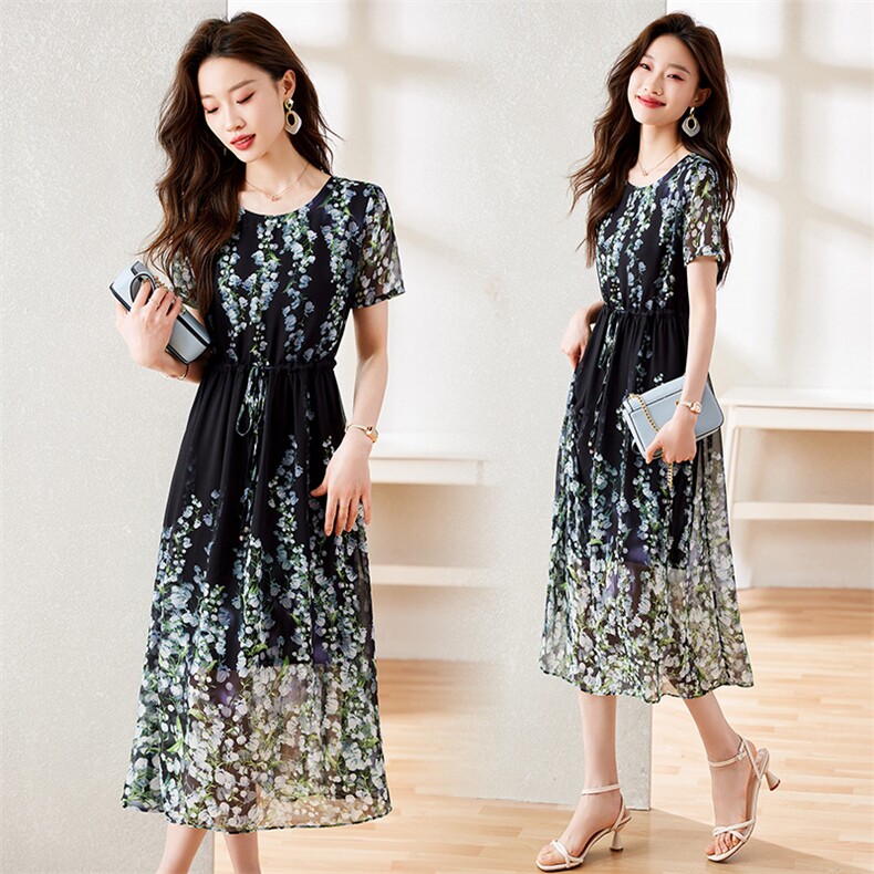 2023夏装新款定位花雪纺气质中长款连衣裙，女装连衣裙，岚衣(原川流布茜）