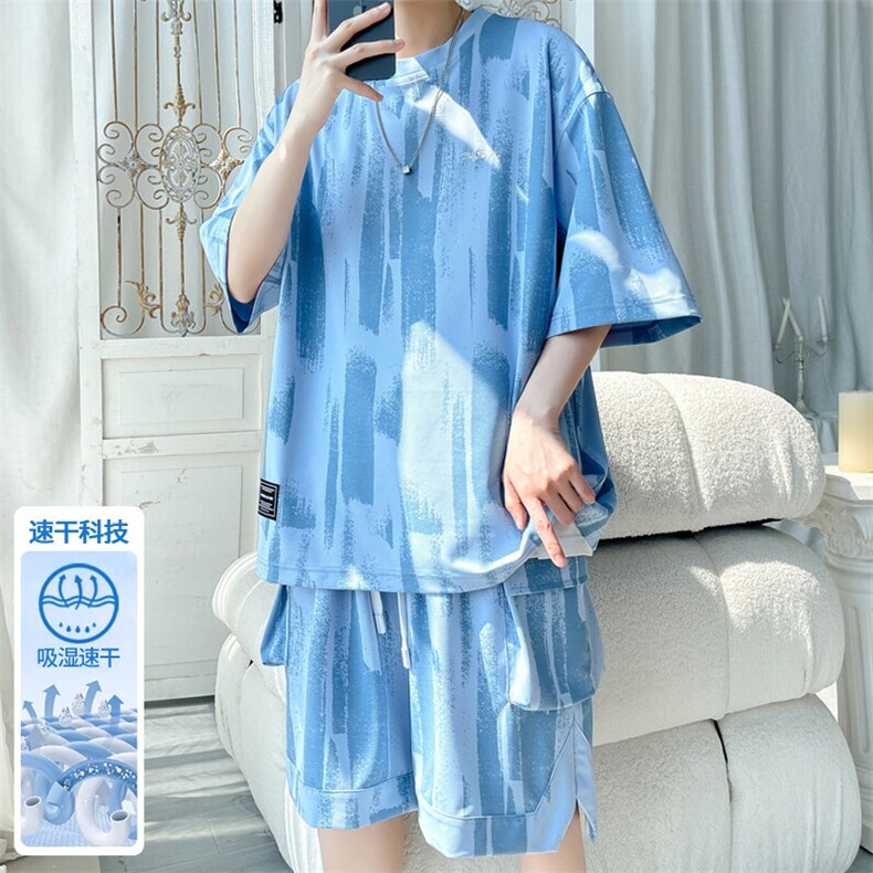 2025夏季新款旋律风车大码冰丝刺绣短袖套装M-5XHQ25580-P75,男装休闲套装,电商A022