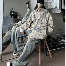 港风秋款男女牛仔夹克衫扎染印花宽松中性风外套JK3522P72，男装夹克，星座1013-1
