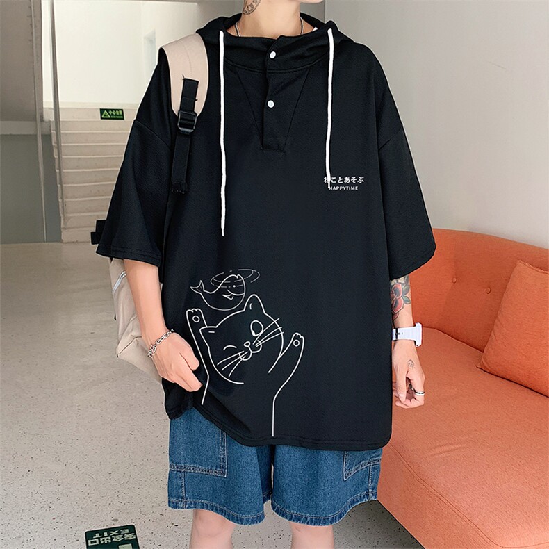 LD54133-P45连帽短袖t恤男大码胖子带帽五分袖中袖,男装T恤,电商A040