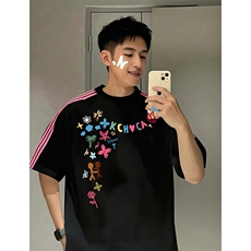 抖音得物品质二开240克宽松纯棉美式潮牌印花三条杠中性风短袖T恤，男装T恤，电商A486