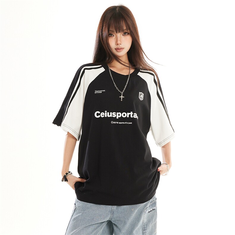 复古撞色短袖男女2026夏季潮学院风字母印花情侣半袖T恤YD274-P45,男装T恤,星座509