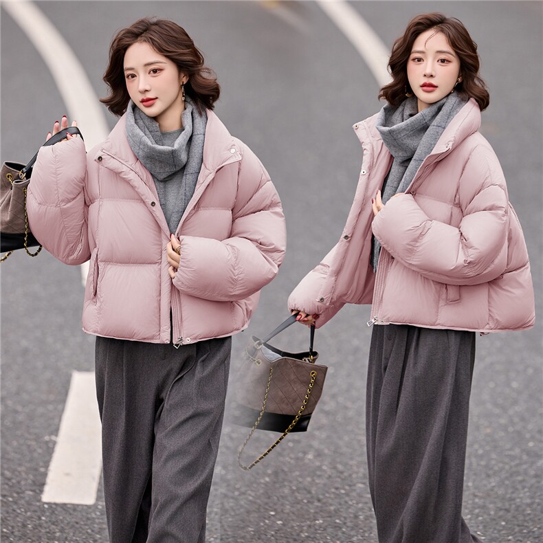 短款羽绒服女2025冬季新款时尚立领落肩袖小个子休闲白鸭绒外套,女装羽绒服,冬木谷雨